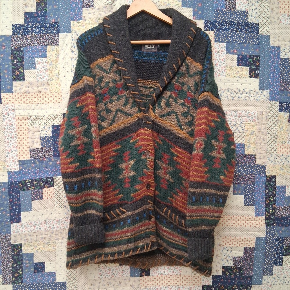 Vintage Woolrich Southwest Pure Wool Shawl Cardigan Blanket Sweater Whipstitch M